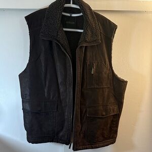 Men's Brown Leather Vest with Sherpa Collar